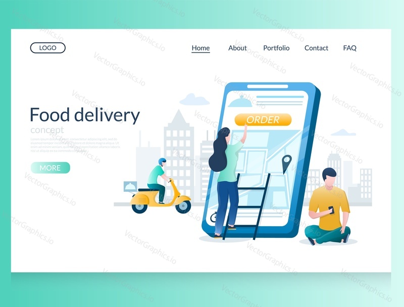Food delivery vector website template, web page and landing page design for website and mobile site development. Order food online via smartphone and delivery service.