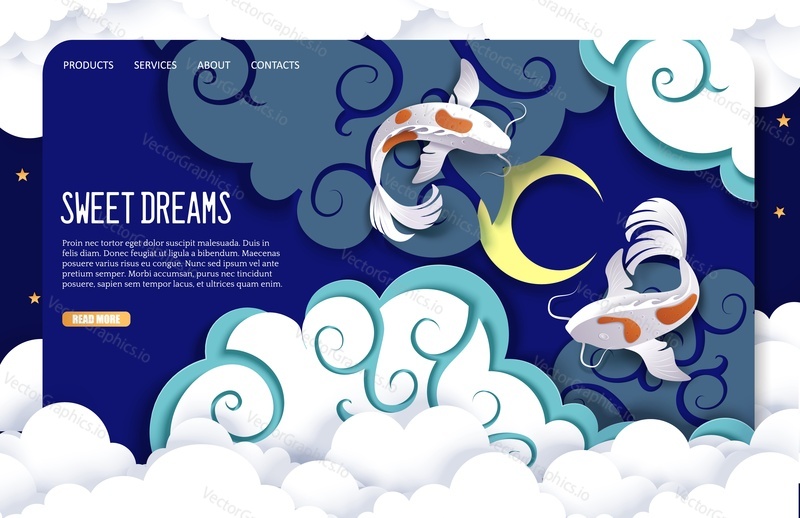 Sweet dreams vector website template, web page and landing page design for website and mobile site development. Cute happy catfish couple swimming together, night sky, paper art modern craft style.