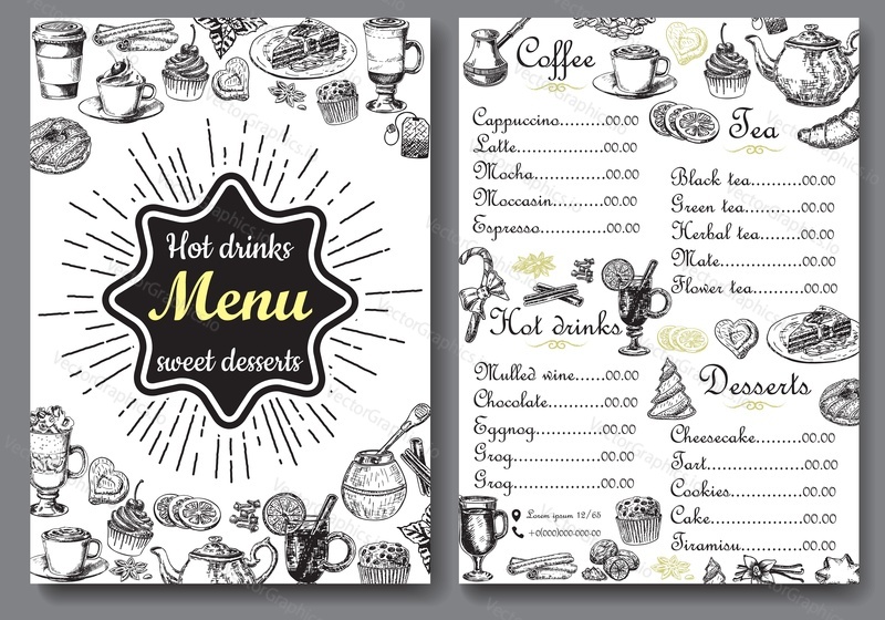 Hot drinks and sweet desserts menu vector template. Front and back A4 paper format menu, hand drawn design for tea shop, coffee house, cafe and restaurant.