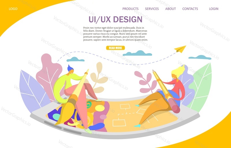 UI and UX design vector website template, web page and landing page design for website and mobile site development. User interface and user experience design courses, classes online concept.