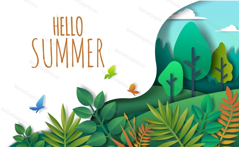 Green foliage, Hello Summer inspirational seasonal quote hand lettering typography, vector illustration in paper art craft style. Beautiful floral summer composition for poster, banner, website page.