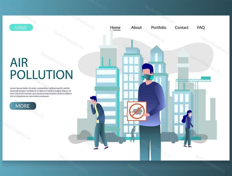 Air pollution vector website template, web page and landing page design for website and mobile site development. People in protective face masks walking in the street, holding stop air pollution sign.