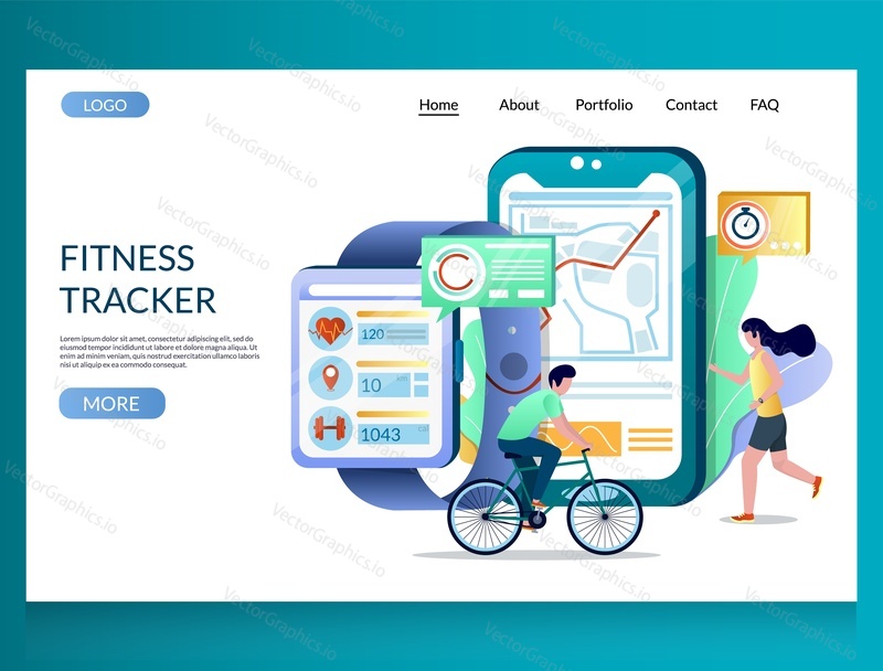 Fitness tracker vector website template, web page and landing page design for website and mobile site development. Sports smart watch bracelet or wristband, wearable technologies.