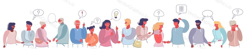 People thinking and talking, vector flat style design illustration. Male and female characters with pointing finger, other hand gestures and speech bubbles. Discussion, communication, chatting.