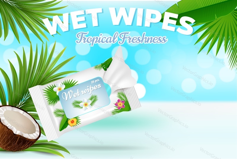 Tropical freshness wet wipes advertising poster design template, vector realistic illustration. Moistened cosmetic napkins for skin care in pack, coconut fruit, palm leaves background, copy space.