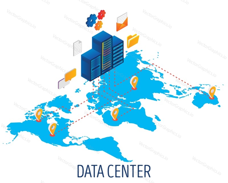 Data center, vector isometric illustration. Hosting, virtual world map global data transmission diagram, server room racks concept for web banner, website page etc.