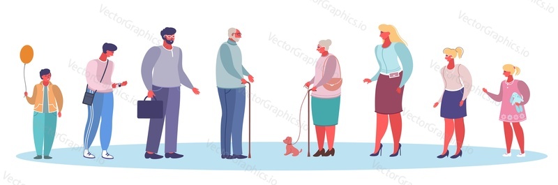Male and female characters of different ages vector flat style design illustration. Kids, teens, adult and senior people. Stages of human growth and development, aging concept.