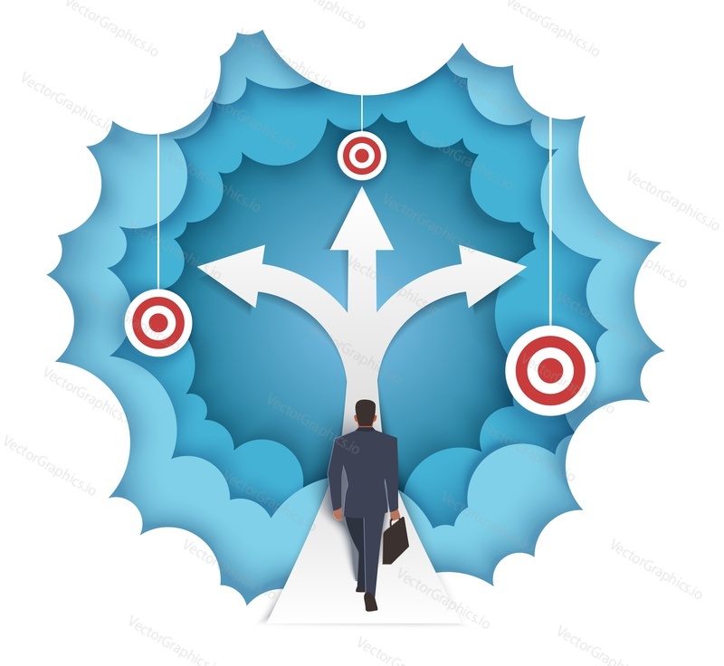 Decision making vector concept layered paper cut style illustration. Businessman choosing path before crossroads. Choice process, problem solving.