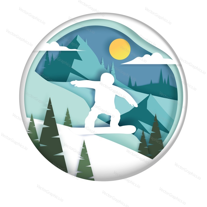 Snowboarding, vector illustration in paper art modern craft style. Paper cut mountains and snowboarder silhouette riding on snowboard. Winter sports and recreational activities.