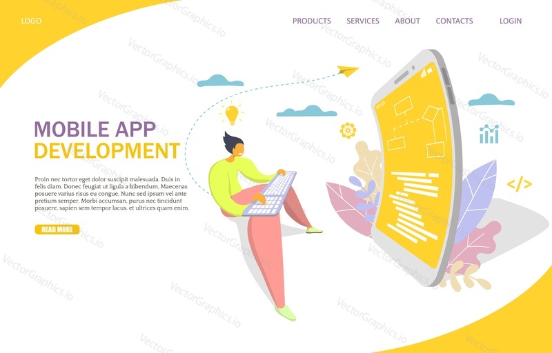 Mobile app development vector website template, web page and landing page design for website and mobile site development. Application development services concept.