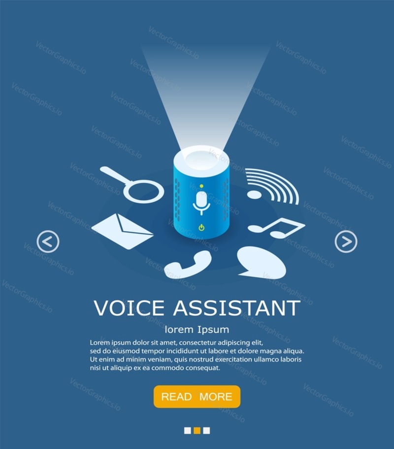 Voice assistant vector web banner template. Smart speaker or wireless speaker with integrated voice-control concept.