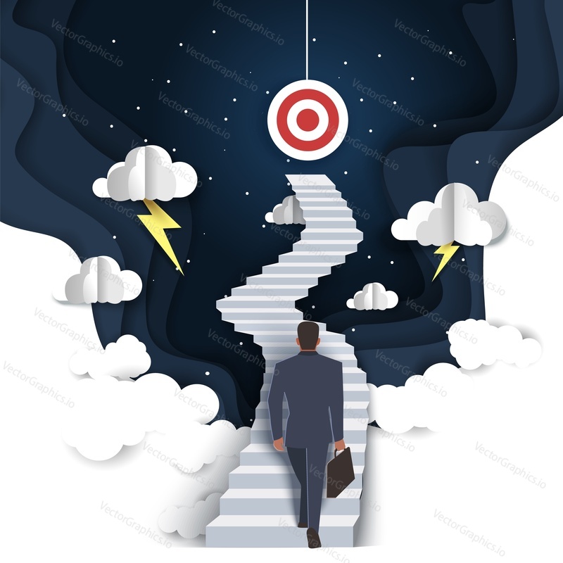 Businessman walking up stairway to target, vector illustration in layered paper art modern craft style. Path to success, business growth, career advancement concept.