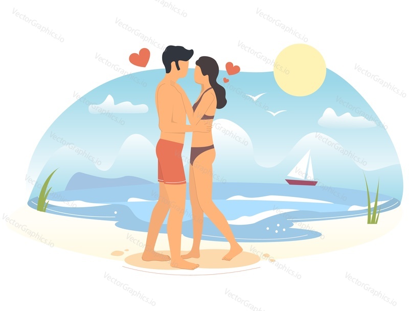 Happy couple in love hugging on beach, vector flat illustration. Romantic summer vacation, honeymoon concept for web banner, website page etc.