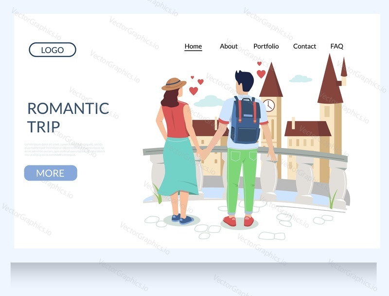 Romantic trip vector website template, web page and landing page design for website and mobile site development. Happy couple in love with backpack traveling together. World travel.