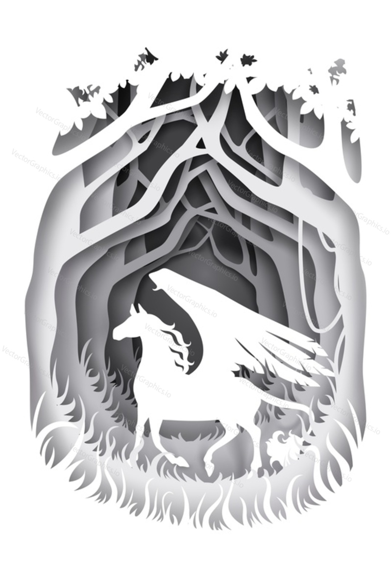 Vector layered paper cut style forest landscape and mythical Pegasus silhouette. Creative fairytale composition.