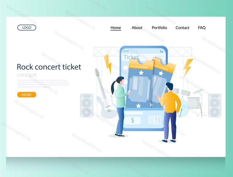 Векторный шаблон веб-сайта с билетами на рок-концерт, дизайн веб-страницы и целевой страницы для разработки веб-сайтов и мобильных сайтов. Концепция онлайн-билетов.