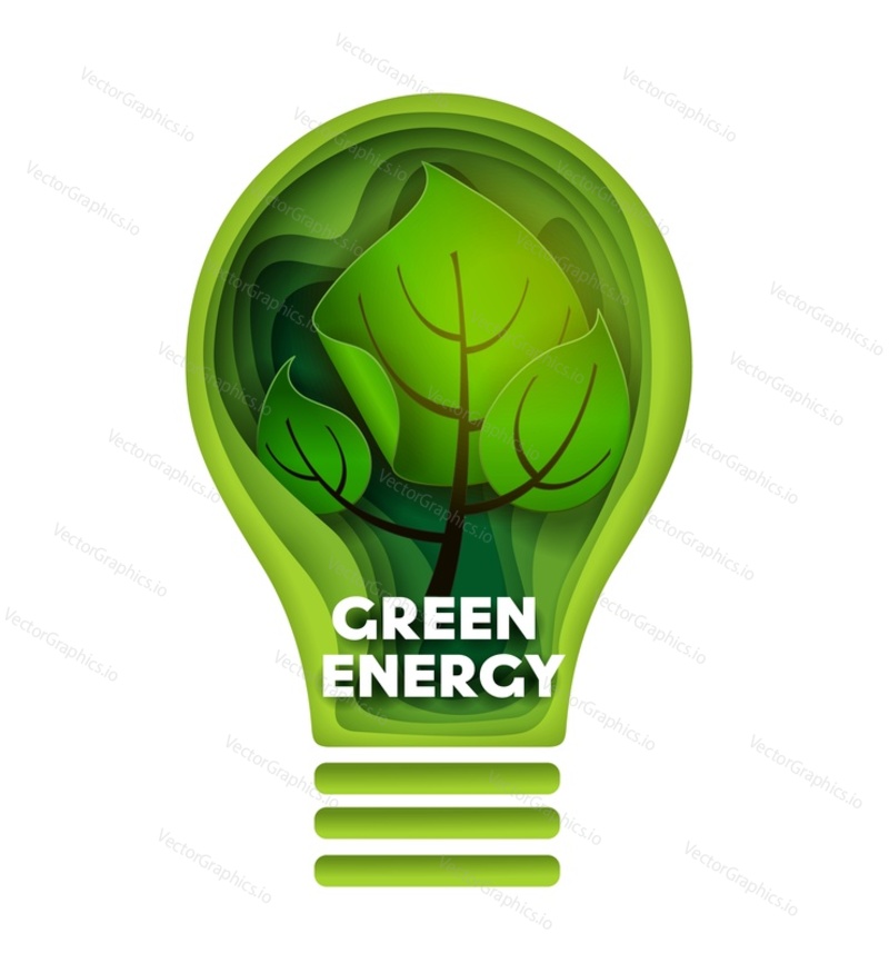 Green energy vector layered paper cut style illustration. Green plant inside of lightbulb. Ecology, save environment concept.
