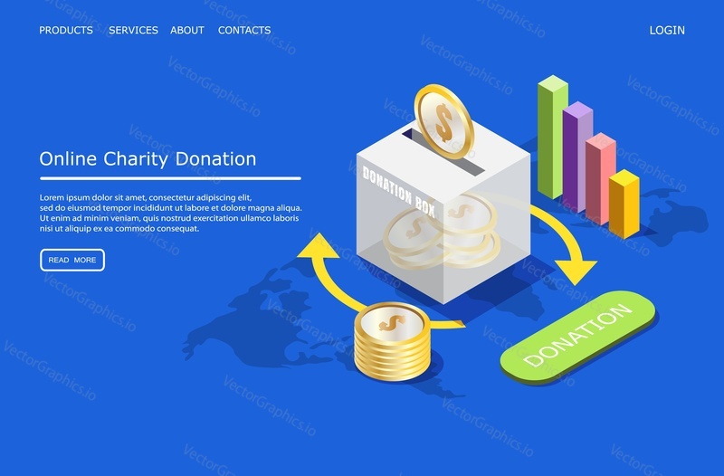 Online charity donation vector website template, web page and landing page design for website and mobile site development. Online services for charity concept with isometric donation box, dollar coins