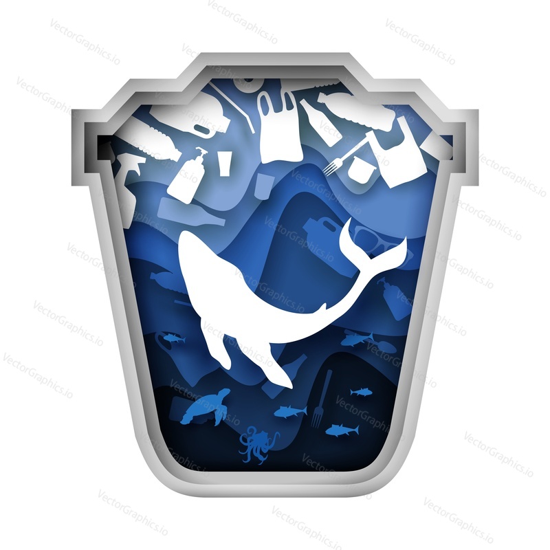 Blue trash can with whale silhouette and plastic garbage, vector illustration in paper art style. Ocean pollution, environmental problem, ecology concept for web banner, website page etc.