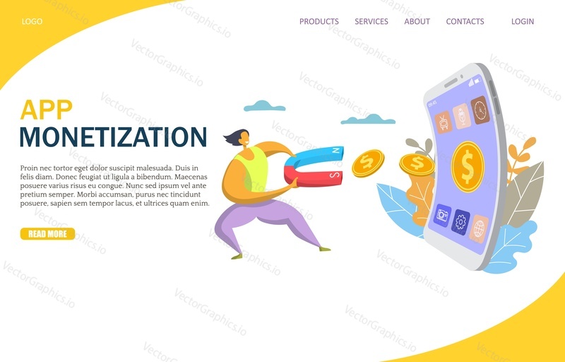 Векторный шаблон веб-сайта для монетизации приложений, дизайн веб-страницы и целевой страницы для разработки веб-сайтов и мобильных сайтов.