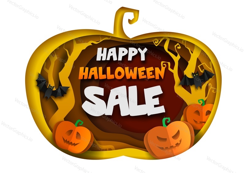 Happy Halloween sale composition for poster, banner, vector illustration in paper art craft style isolated on white background. Papercut pumpkin with scary pumpkins, dead trees, bats and text inside.
