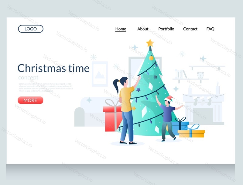 Christmas time vector website template, web page and landing page design for website and mobile site development. Happy mother with her son decorating big christmas tree.
