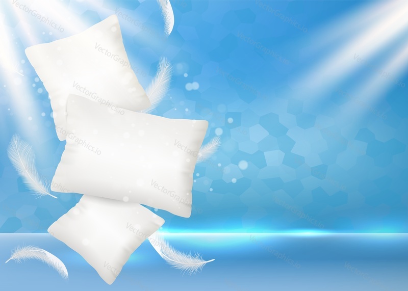 Pillow ad vector poster banner design template. Soft and comfortable realistic white pillows with light feathers on blue background.