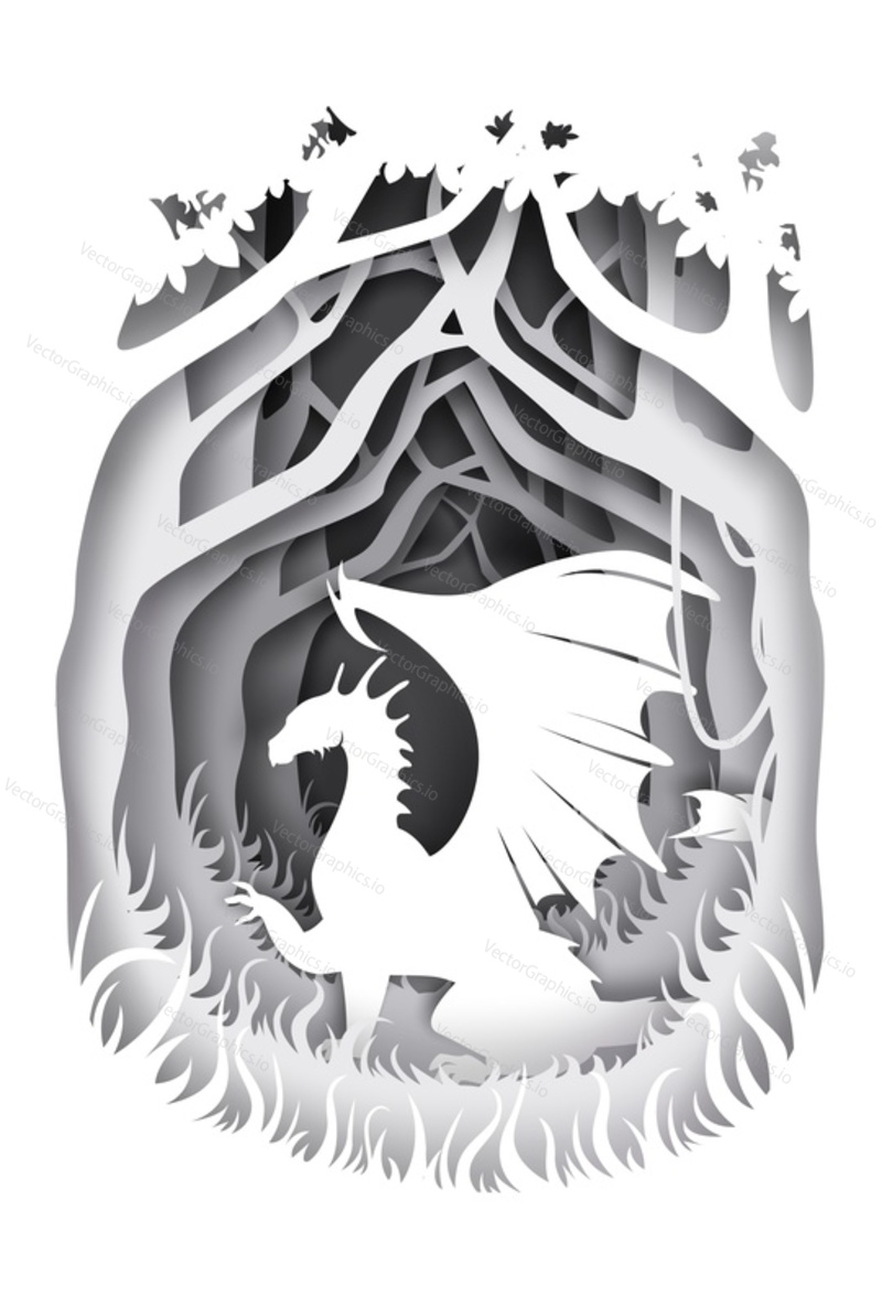 Dragon magical and imaginary fairy tale character silhouette, vector illustration. Beautiful fairytale composition in paper art craft style.