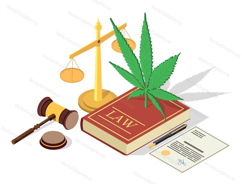Marijuana legalization vector illustration. Isometric legal symbols Law book with hemp plant leaf, scales of justice, judge gavel. Legal medical cannabis concept for web banner, website page etc.
