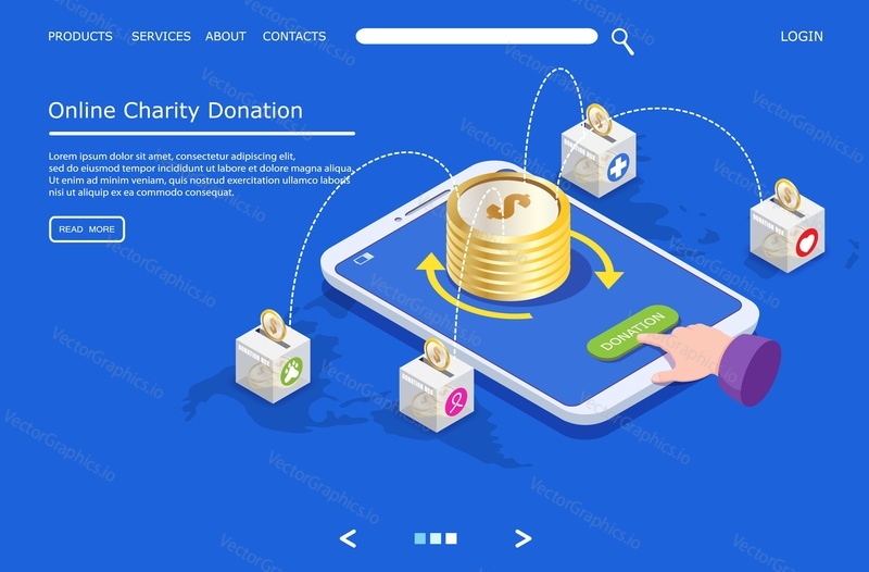 Online charity donation vector website template, web page and landing page design for website and mobile site development. Global giving, donation to charity projects around the world concept.