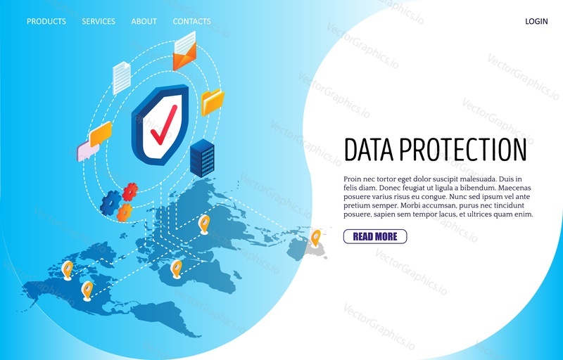 Data protection vector website template, web page and landing page design for website and mobile site development. Privacy, internet security.