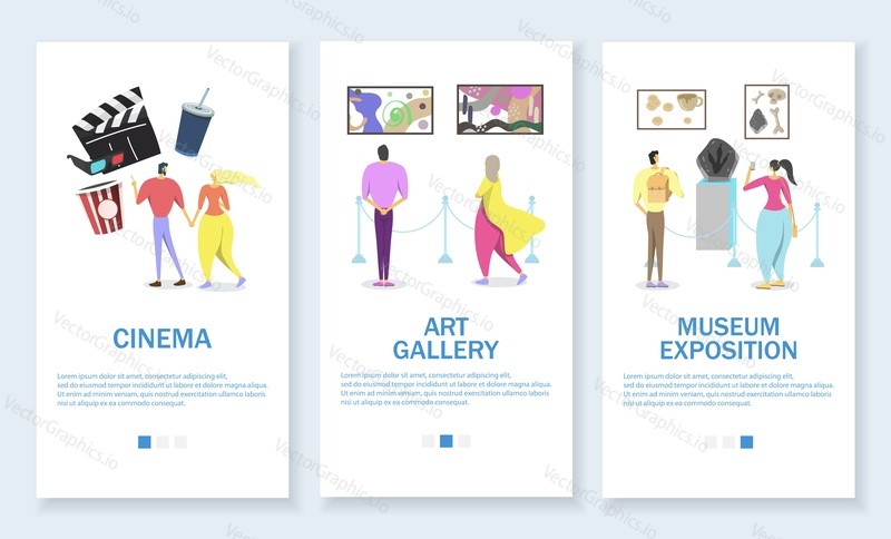 Vector set of mobile app onboarding screens. Cinema, Art gallery and Museum exposition website design templates and web banners. Leisure time and cultural activities concepts.