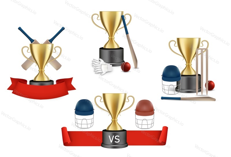 Cricket championship award set, vector illustration isolated on white background. Cricket game winner reward compositions with gold cup, ribbon, ball, bat, gloves, helmet, stump.