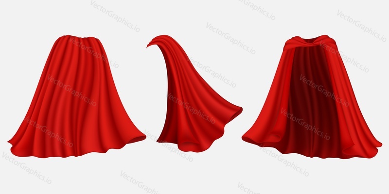Superhero red silk cape, cloak, mantle, front back and side view, vector illustration isolated on white background. Carnival clothes, masquerade costume etc.