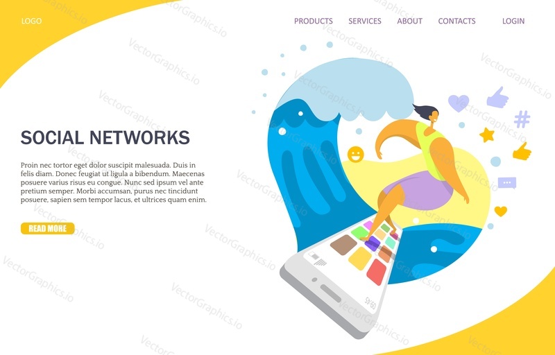 Social networks vector website template, web page and landing page design for website and mobile site development. Young man surfing the net, social networking symbols such as like, hashtag etc.