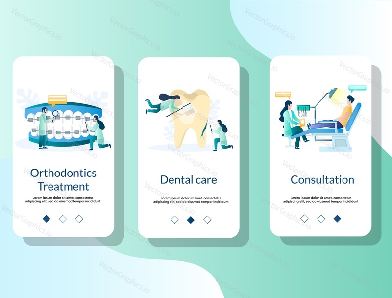 Orthodontics treatment, Dental care and Consultation mobile app onboarding screens. Menu banner vector template for website and application development. Dentistry services, oral health care.