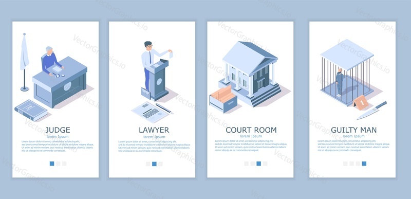 Judge, Lawyer, Court room, Guilty man mobile app onboarding screens. Menu banner vector template for website and application development. Law people and symbols courthouse, judge, attorney, defendant.