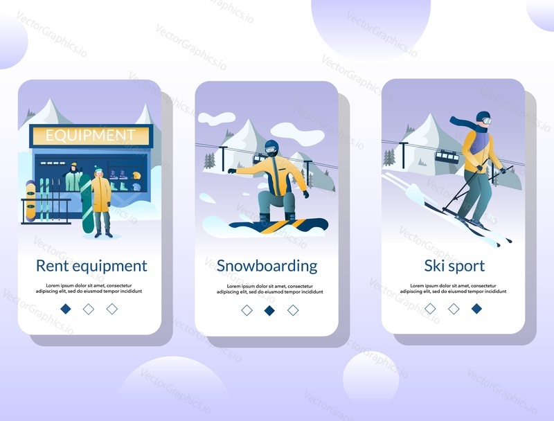 Rent equipment, Snowboarding, Ski sport mobile app onboarding screens. Menu banner vector template for website and application development.
