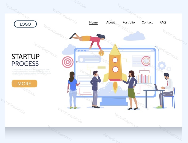 Startup process vector website template, web page and landing page design for website and mobile site development. New project launch, teamwork.