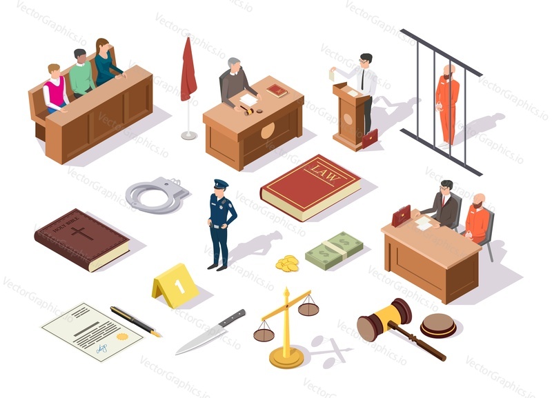Law justice isometric icon set, vector illustration. Legal trial and juridical symbols judge, jury, defendant, lawyer, policeman, Law book, Bible, scales of justice, gavel, handcuffs, crime evidences.
