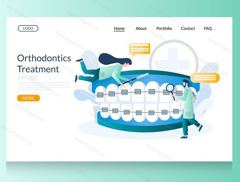 Векторный шаблон веб-сайта ортодонтического лечения, дизайн веб-страницы и целевой страницы для разработки веб-сайтов и мобильных сайтов. Зубные брекеты, эластичные лигатуры.