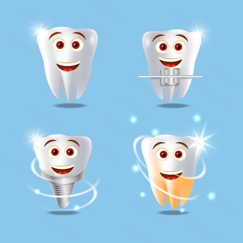 Funny human teeth set, vector isolated illustration. White brilliant healthy tooth, dental braces, implant and teeth whitening. Dental services concept for poster, banner etc.