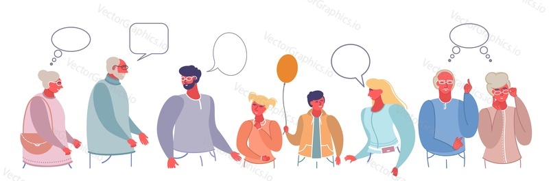 Family discussion vector flat style design illustration. Grandparents, parents and their kids daughter and son with speech bubbles. Problem solving, family dialog and relationships concept.