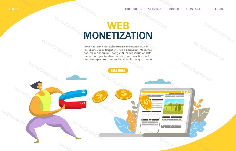 Векторный шаблон веб-сайта для монетизации, дизайн веб-страницы и целевой страницы для разработки веб-сайтов и мобильных сайтов. Зарабатывание денег на рекламе веб-сайта, оплата за клик, оплата за показ.