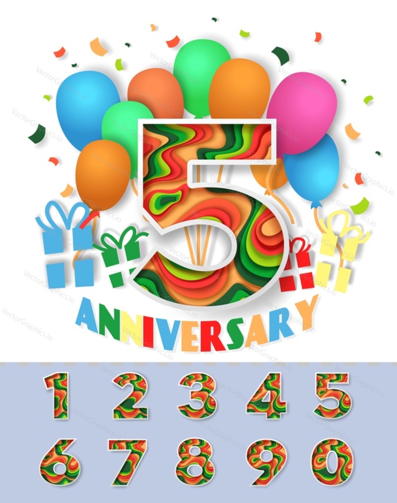 5th anniversary invitation greeting card vector template. Party celebration items such as balloons, gift boxes, confetti and layered paper cut style numerals from 0 to 9.
