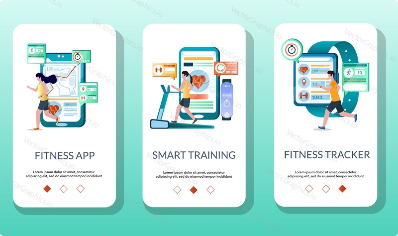 Fitness app, Smart training and Fitness tracker mobile app onboarding screens. Menu banner vector template for website and application development.