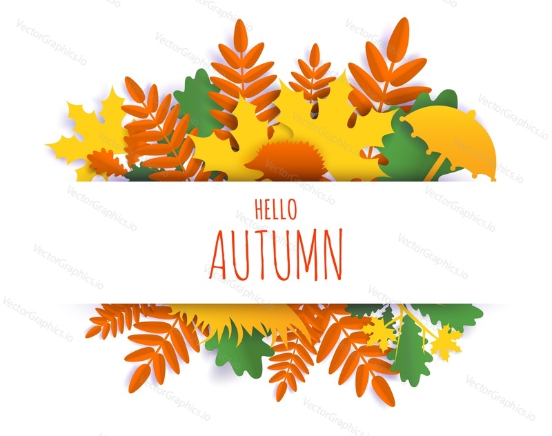 Hello Autumn card hand lettering typography, vector illustration in paper art craft style. Beautiful paper cut autumn composition with maple, oak tree leaves, hedgehog and umbrella.