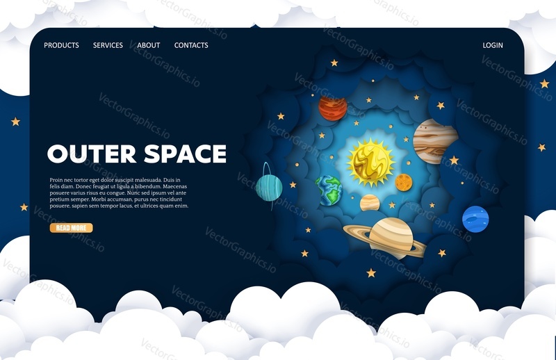 Outer space vector website template, web page and landing page design for website and mobile site development. Layered paper cut style