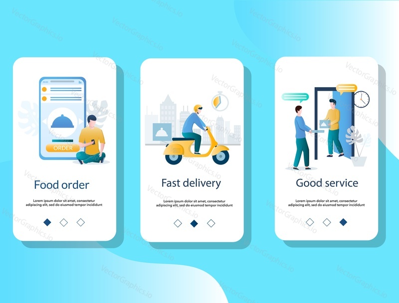 Food order, Fast delivery, Good service mobile app onboarding screens. Menu banner vector template for website and application development.