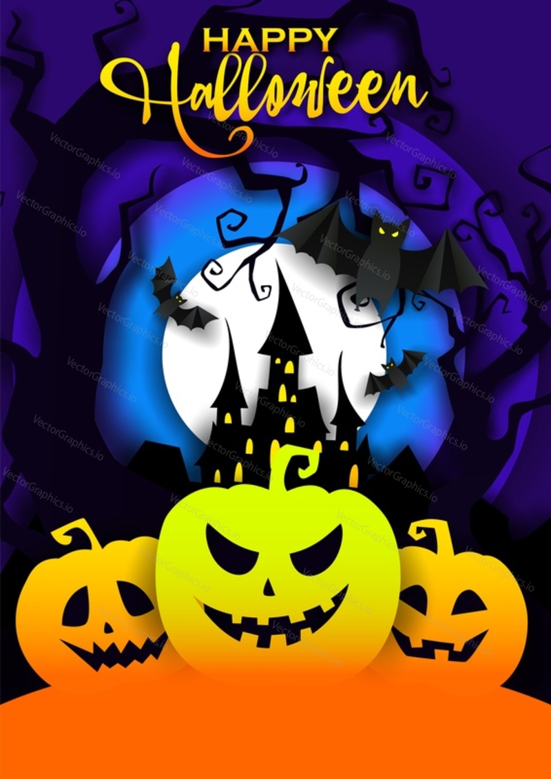 Шаблон плаката Happy Halloween, векторная иллюстрация в стиле бумажного искусства. Оранжевые страшные тыквы, черное мертвое дерево, летающие летучие мыши, дом с привидениями и полная белая луна.